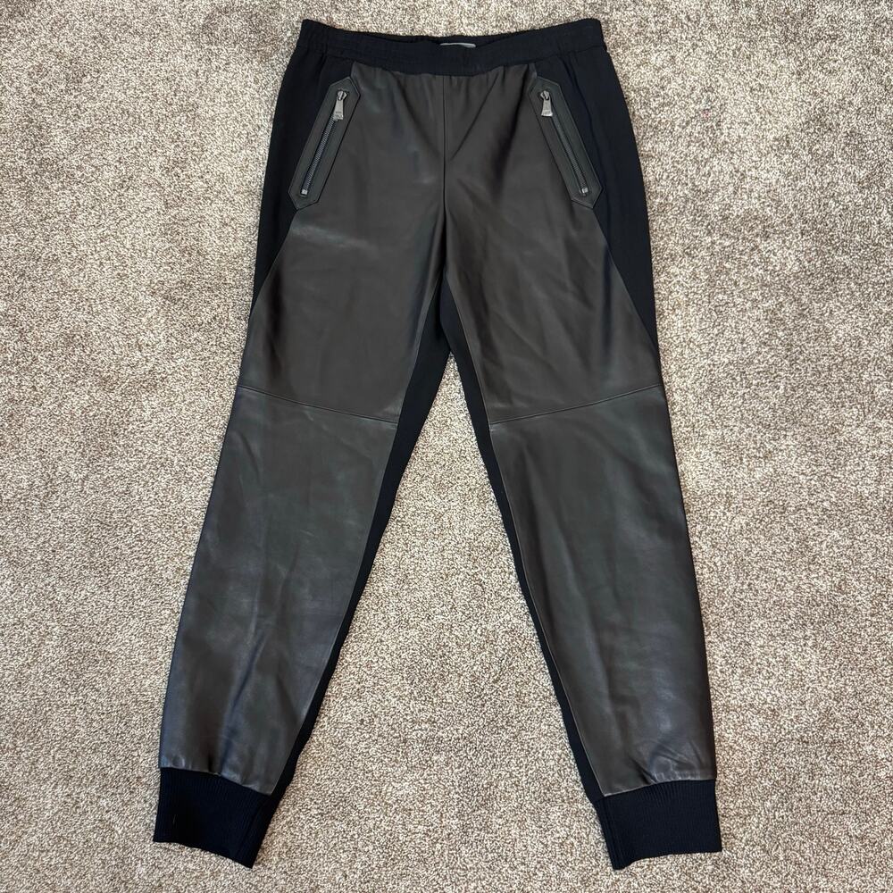 New Vince Black Lamb Leather Crepe Mixed Jogger Pants